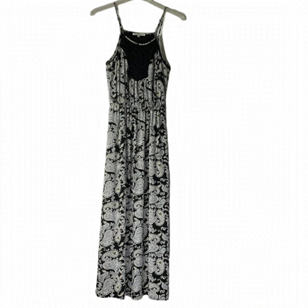 Daniel Rainn Paisley‎ Maxi Dress S Embroidered Black White Green Tan Sheer Long